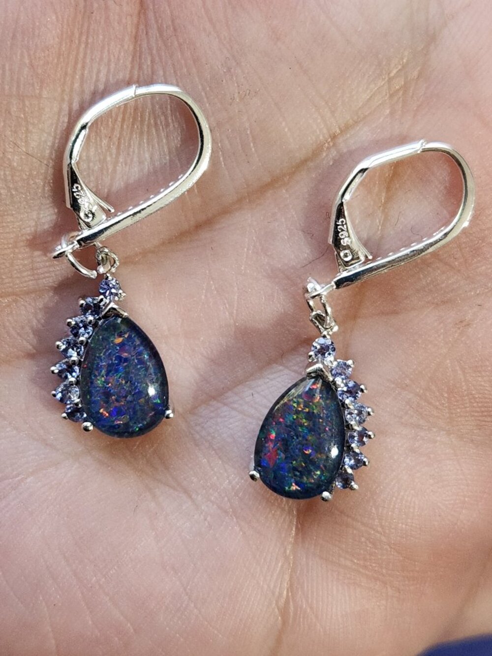 NIB BBJ 925 Genuine Australian Black Opal Natural Tanzanite Leverback Earrings